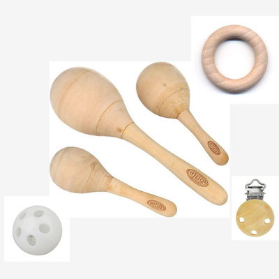 Sambabal hout 12 en 20 cm, rammelbal 24 mm, speenclip hout en ring hout 7 cm