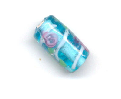 Kraal 15 mm glas - Licht blauw met roosjes 72000 6st op=op